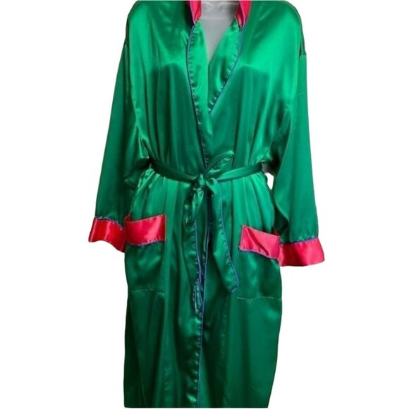 Vintage Victorias Secret Emerald Green & Pink Satin Robe Kimono Style M - Picture 2 of 10